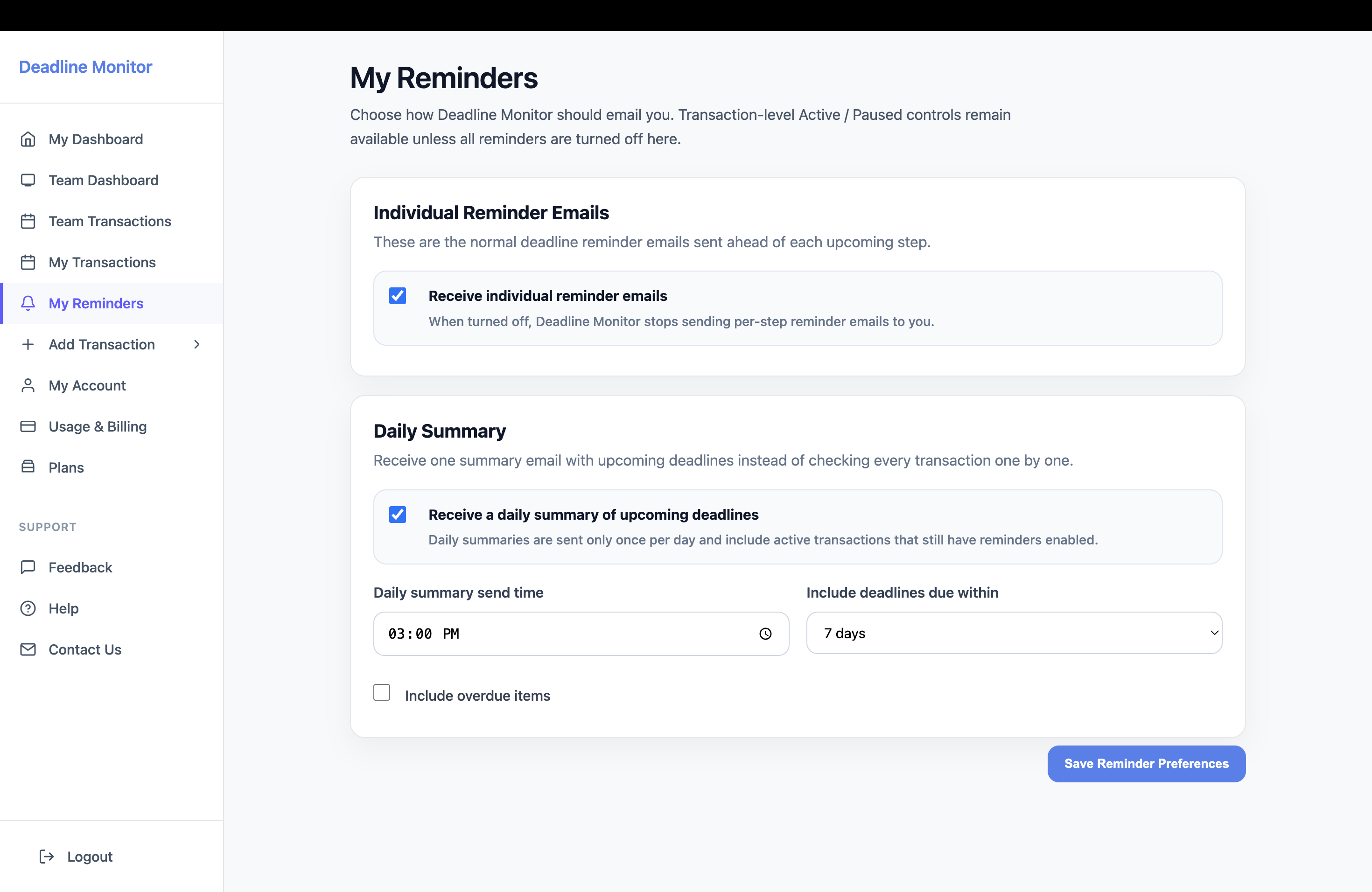 Deadline Monitor My Reminders page showing global reminder configuration options