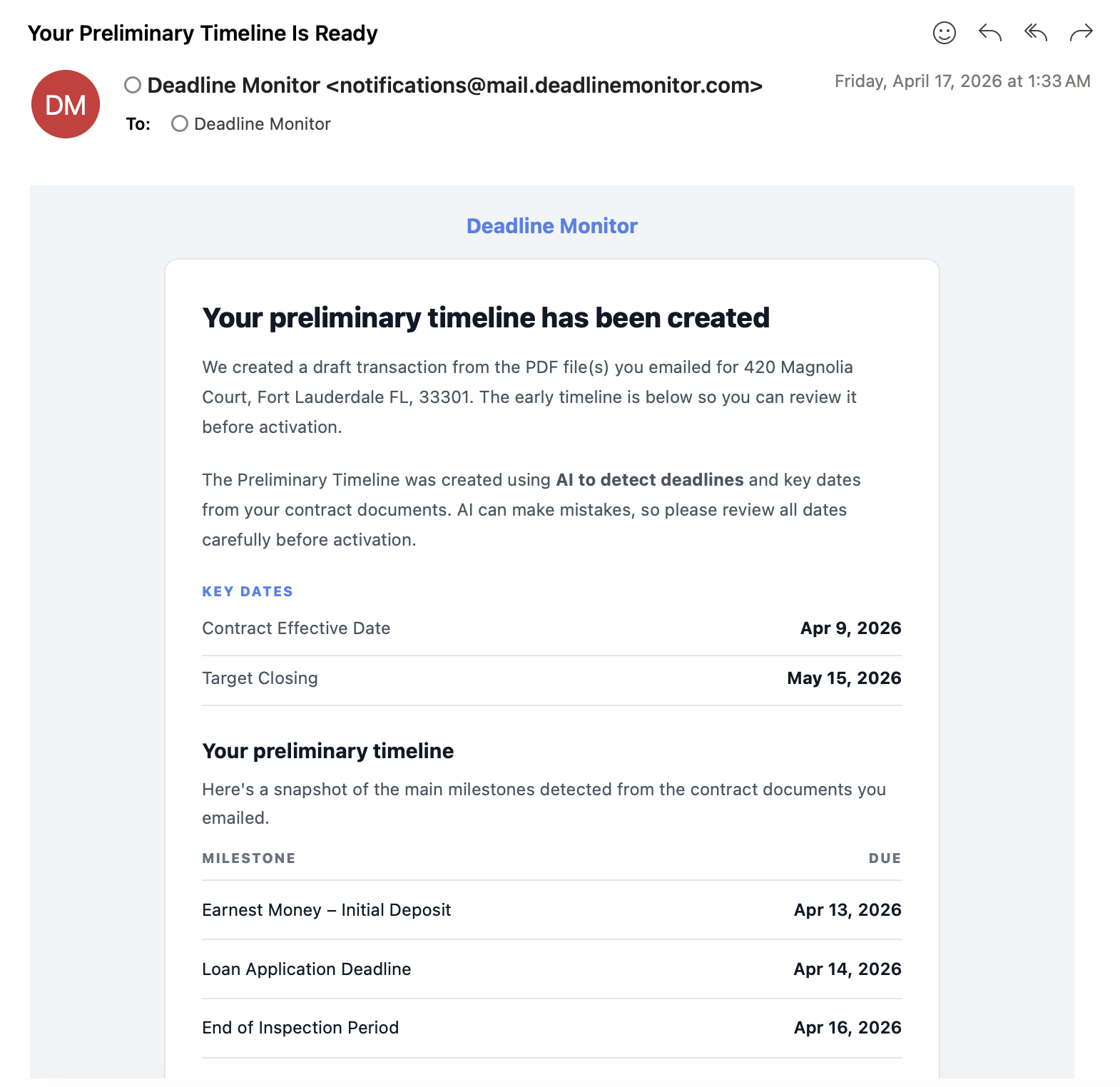 Deadline Monitor preliminary transaction timeline email showing key dates and next steps
