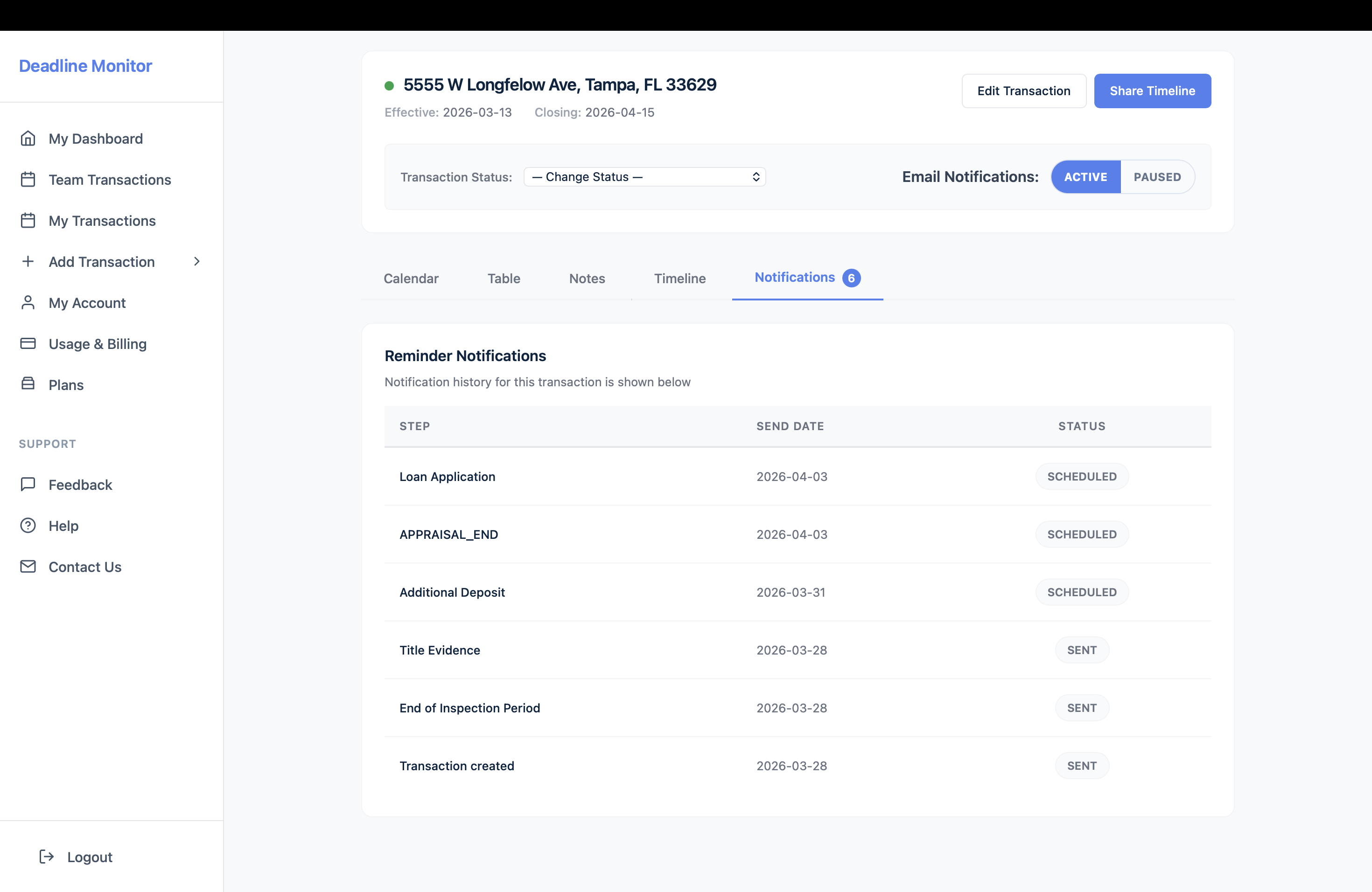 Deadline Monitor transaction notifications tab showing reminder and notification activity