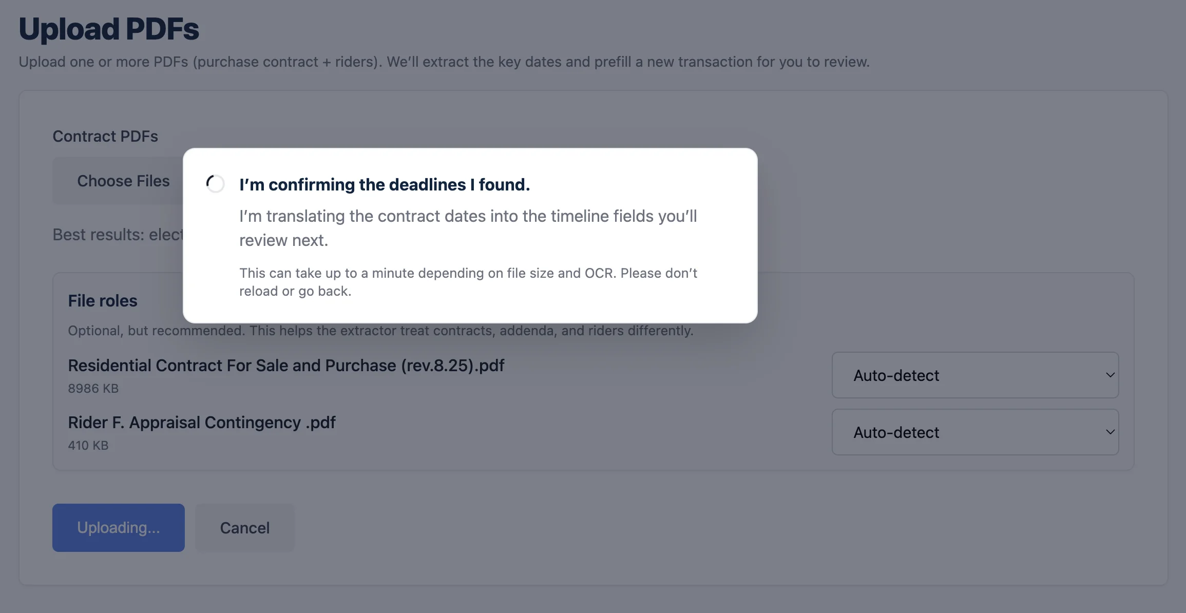 Contract upload and date extraction screen in Deadline Monitor.